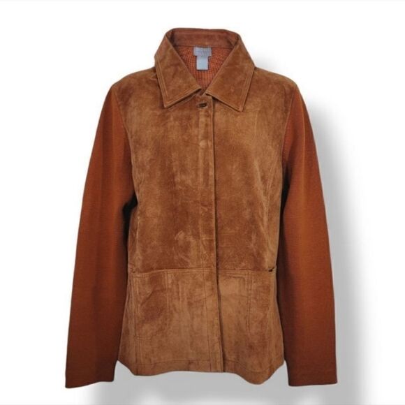 Sigrid Olsen Suede Leather and Silk Blend Knit Jacket in Pumpkin Size Medium - Picture 10 of 11